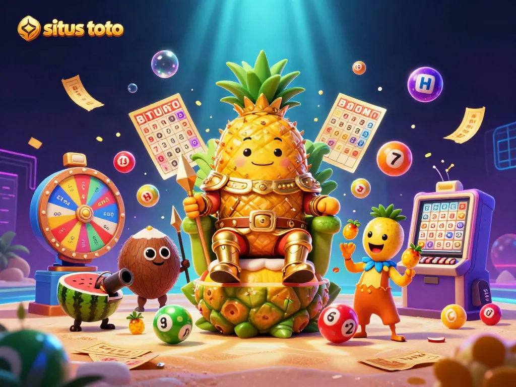 Engaging depiction of a lively beach casino scene highlighting situs toto with a pineapple king, tropical elements, and vibrant lottery balls.