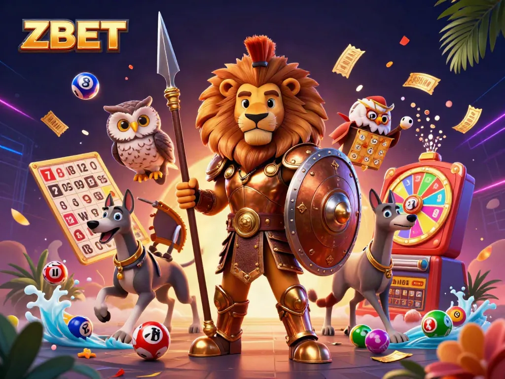 Experience vibrant ZBET gaming excitement with a heroic Spartan lion, tactical owl, and swift greyhound amidst thrilling lottery elements.