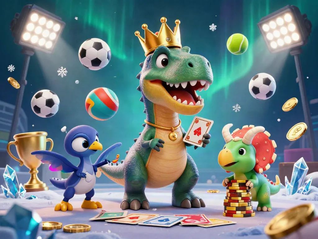 Engaging wintk casino scene with T-Rex, pterodactyl, and triceratops surrounded by sports elements.