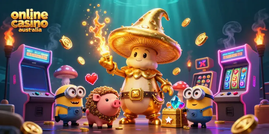Experience magic with the golden mushroom wizard in this online casino australia-themed scene.