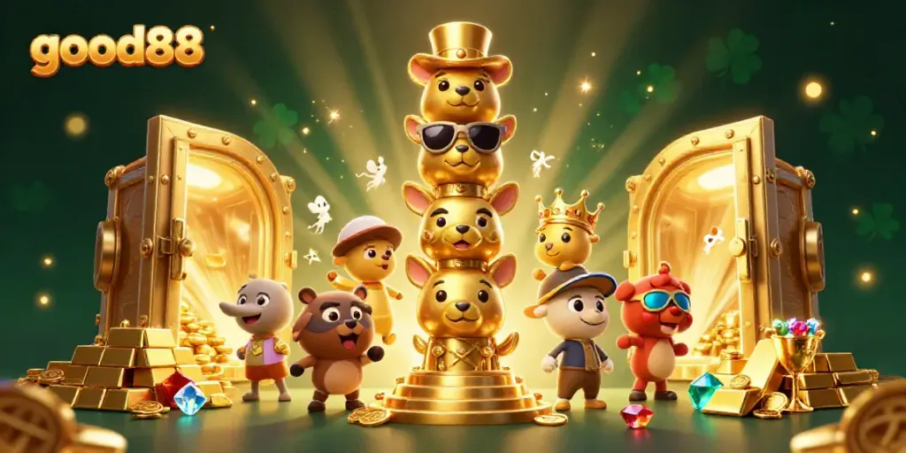 Engage with the dynamic good88 casino world featuring a golden totem pole amidst rich treasures.