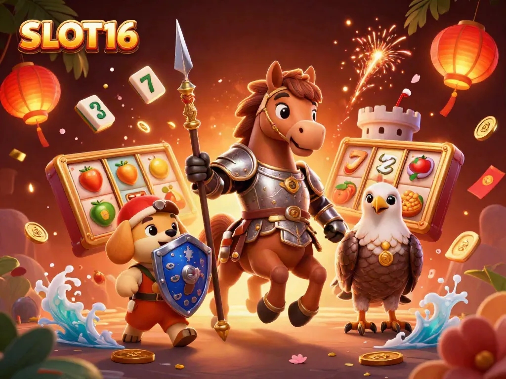 SLOT16 showcases a dynamic gaming scene with medieval characters immersed in classic slot themes and vibrant casino elements.