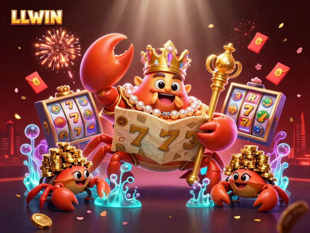 LLWIN showcases a vibrant casino scene with a golden crab emperor, vibrant slot reels, and festive decor elements.