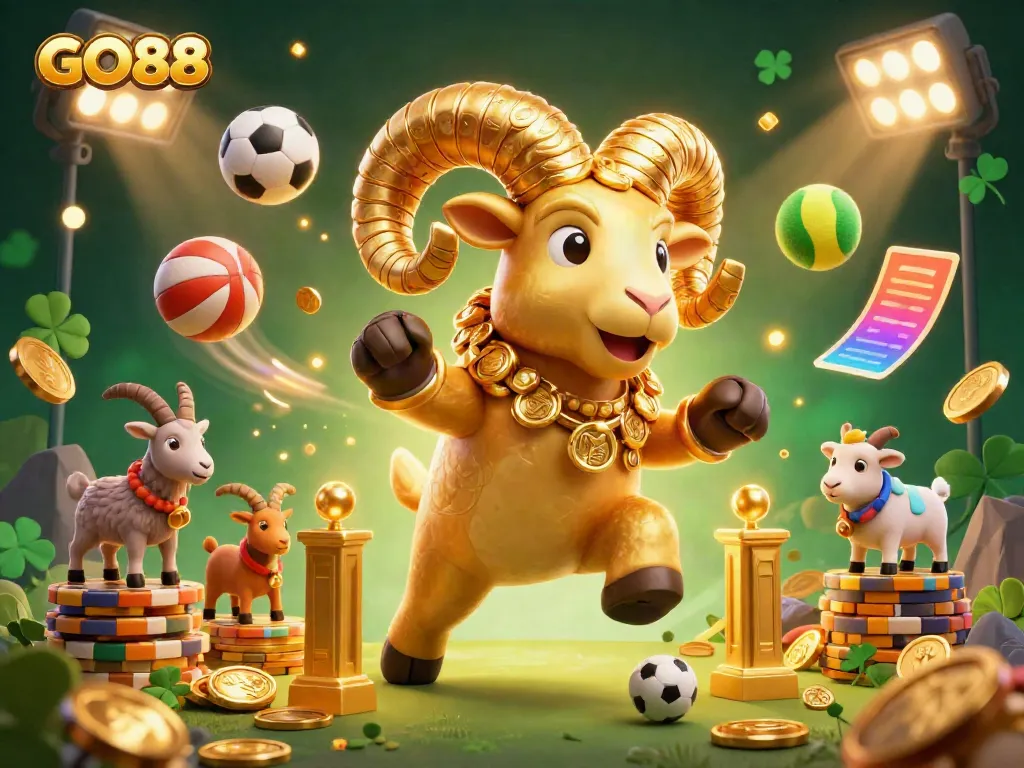 Experience the excitement of GO88 with vibrant 3D characters charging through a golden gate in this online casino scene.