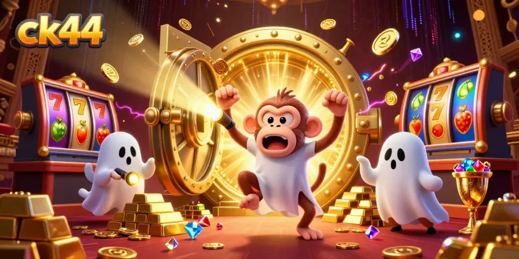 Engaging casino scene with ck44 elements, featuring a mischievous monkey and a brave puppy.