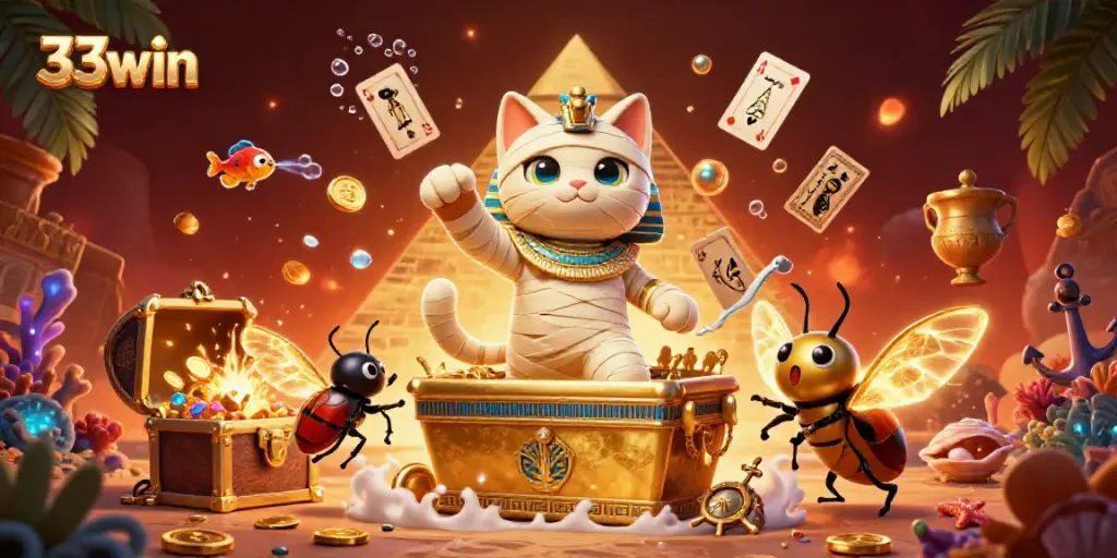 Experience the excitement of 33win's casino with vibrant mummy characters, gold treasures, and playing cards.
