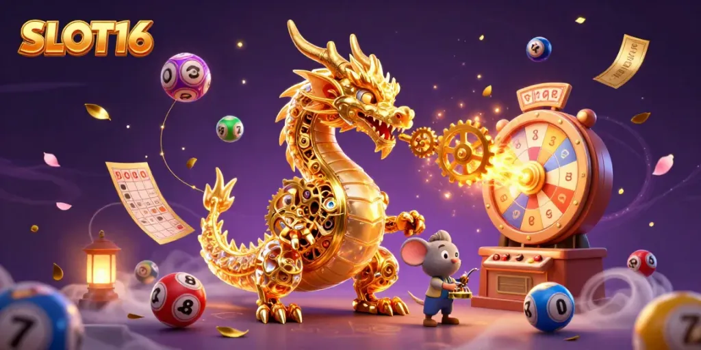 SLOT16 showcases an intricate 3D scene with a golden dragon and vibrant casino elements.