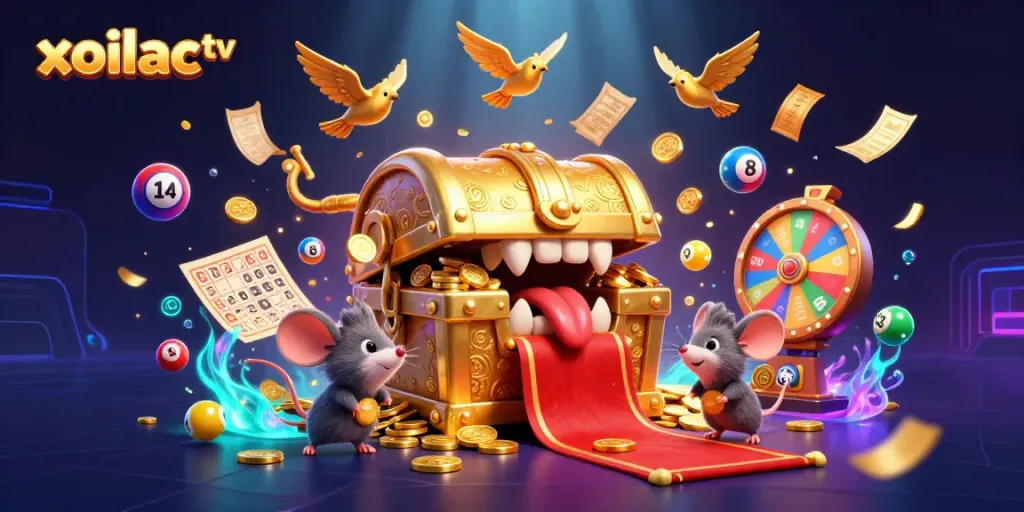 Xoilac tv offers a lively 3D gaming experience with vibrant lottery elements and animated treasure motifs.