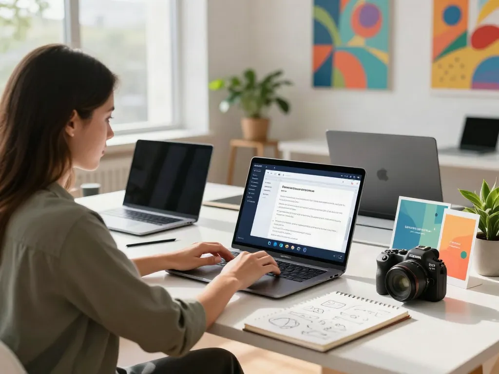 Generate digital product descriptions with AI in a modern workspace.