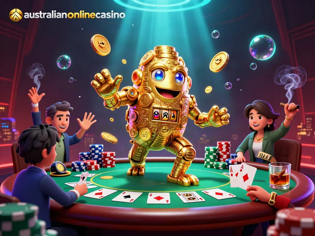 Engage with exciting gameplay at australianonlinecasino featuring a golden golem amid poker chips and cards.
