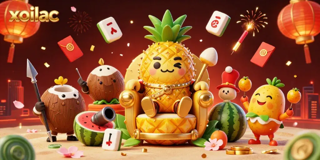 Xoilac showcases a vibrant scene with a pineapple king surrounded by playful characters in a casino setting.