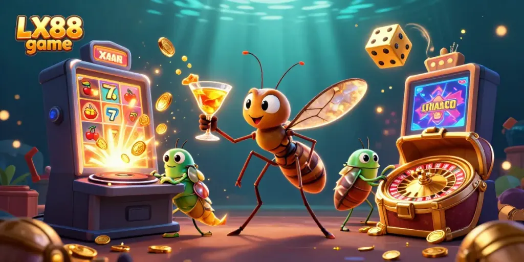 Experience the LX88 game ambiance with vibrant casino characters and dynamic gaming elements in a colorful scene.