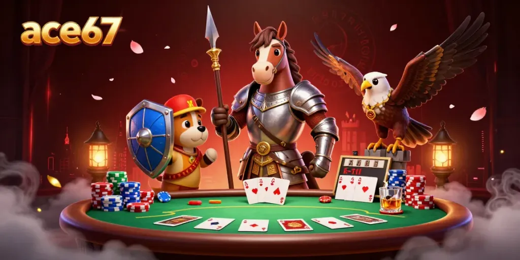 ace67 themed illustration featuring knight, puppy, and falcon with vibrant casino elements