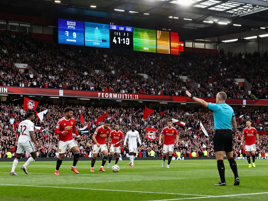 แมนยู vs ลิเวอร์พูล 10 นัดล่าสุด in an electrifying football match scene with players in action and fans cheering.