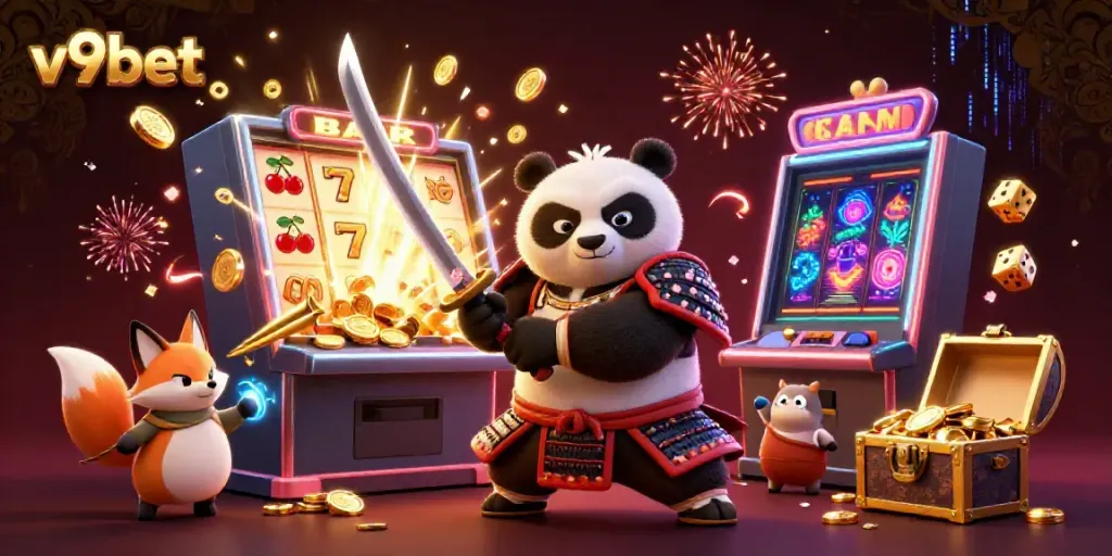 Engage with thrilling v9bet gaming adventures surrounded by energetic symbols and characters.