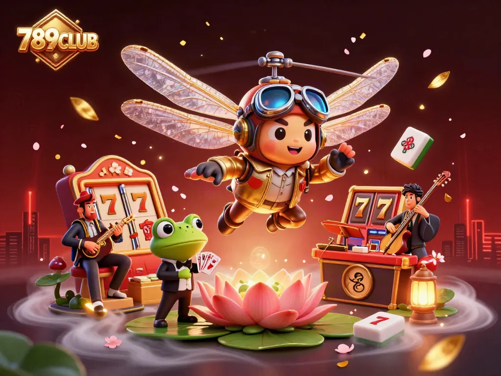 Experience thrilling action at 789CLUB with a dragonfly pilot and frog dealer amidst vibrant casino elements.