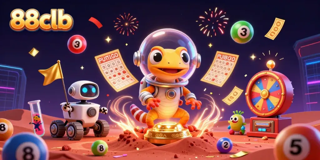 Engage with the vibrant world of 88clb as the Martian gecko discovers a golden casino amidst colorful lottery games.