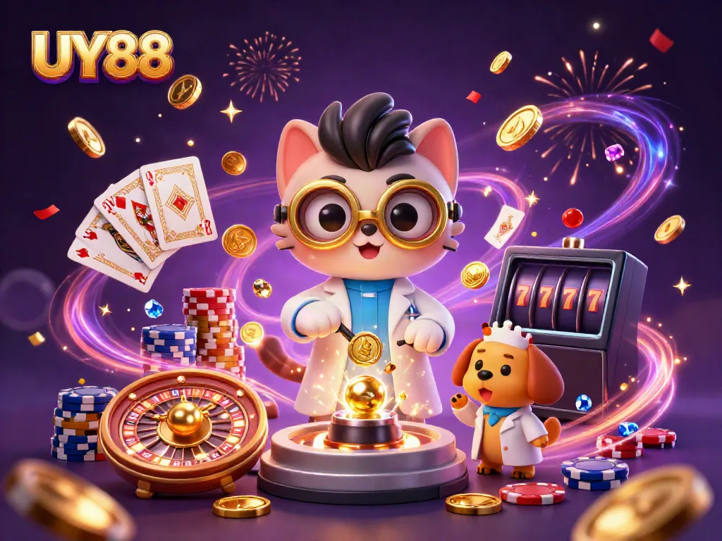 Join the fun at UY88 with a mad scientist cat and assistant celebrating casino winnings!