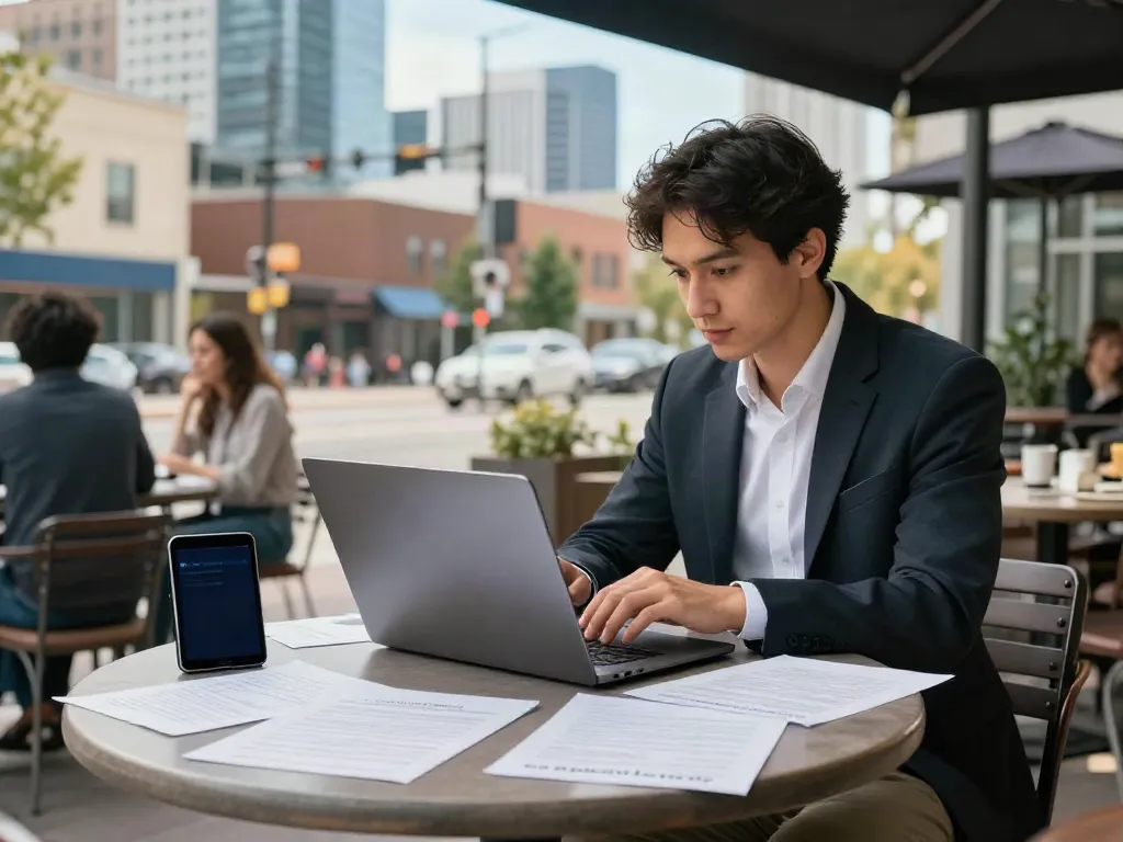 Young professional using https://alberta.paydayloans-on.ca/ for payday loans at a city café in Alberta.