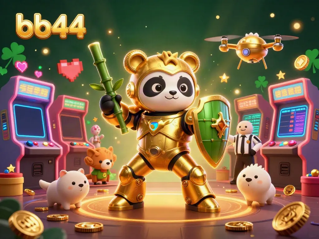 Engage in the dynamic casino arena with bb44, featuring a mech-suit panda battling in a vibrant gaming landscape.