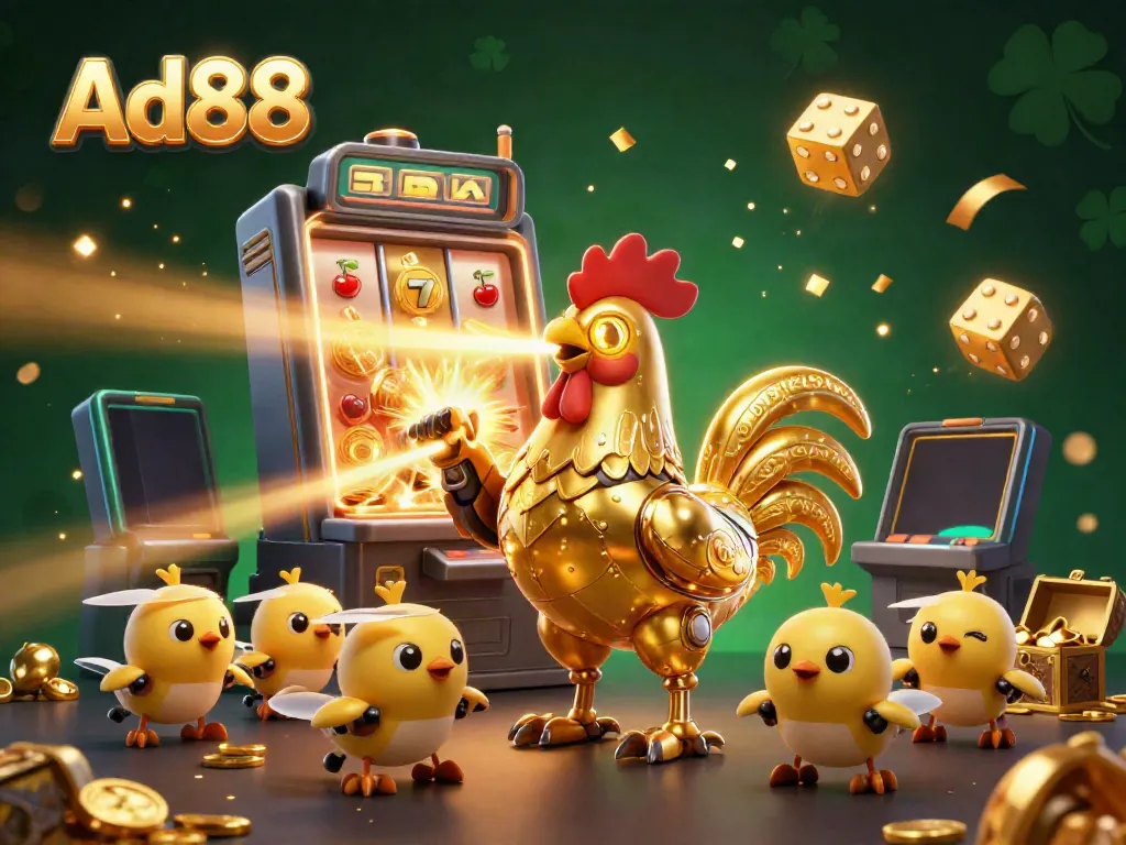 Experience exciting gameplay at Ad88 with golden rooster robot and dynamic casino symbols.