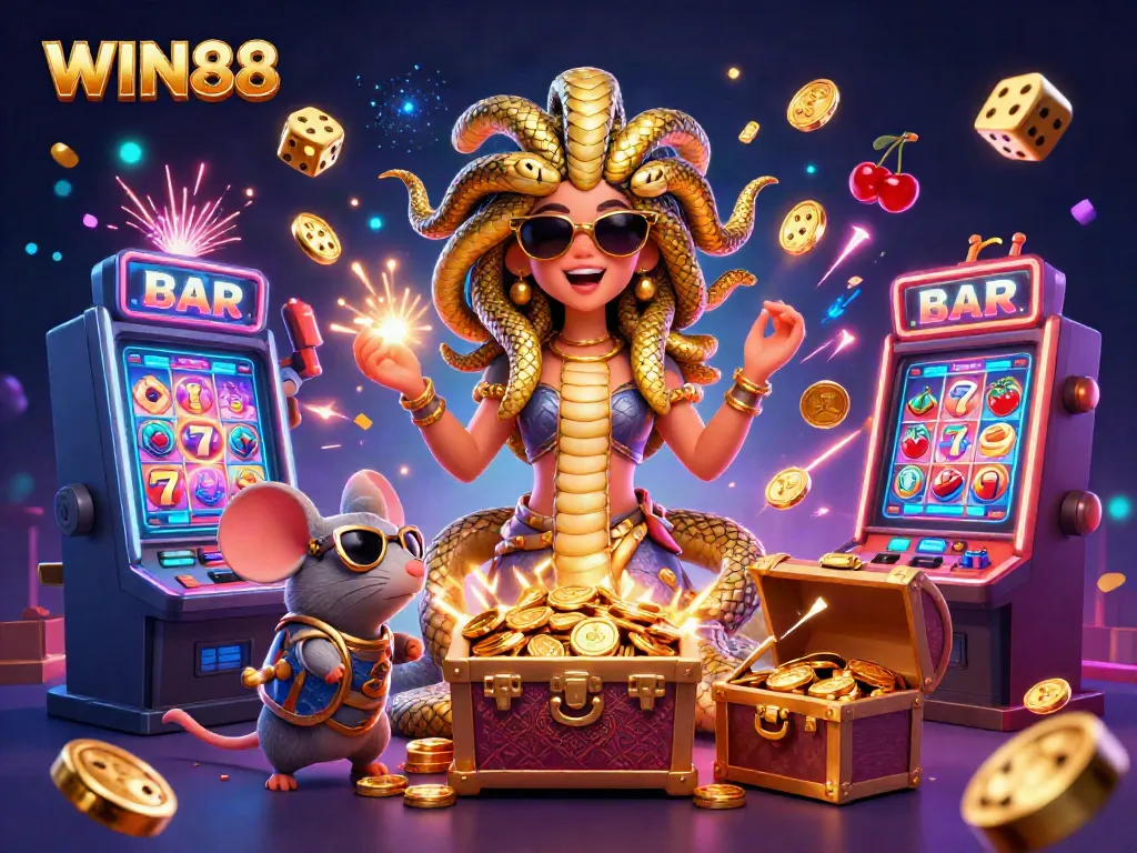 Spin big and win with WIN88 in a visually stunning casino atmosphere, featuring slots and golden treasures.