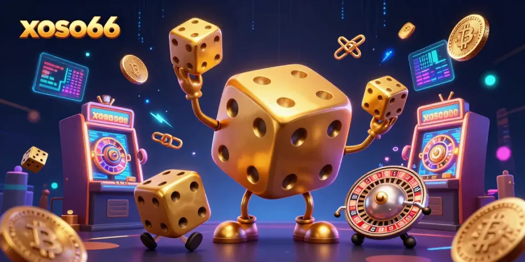 Experience the excitement of xoso66 with a dynamic casino-themed 3D illustration featuring a golden dice golem and vibrant game elements.