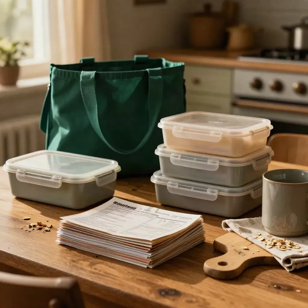 Lunch boxes, grocery tote and utility mail on a warm oak dining table in evening light.