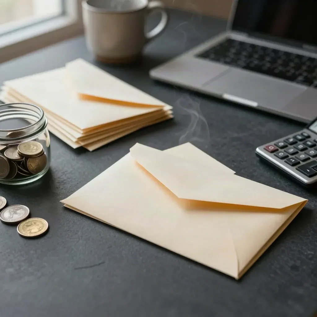 Payment envelopes, coin jar, calculator, laptop and steam on a graphite tabletop