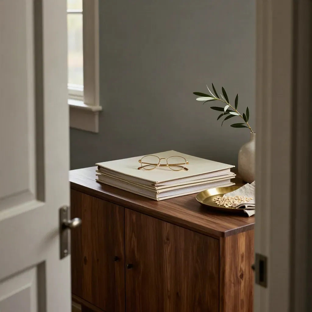 Walnut credenza with folders, glasses, and olive branch in dusk light.