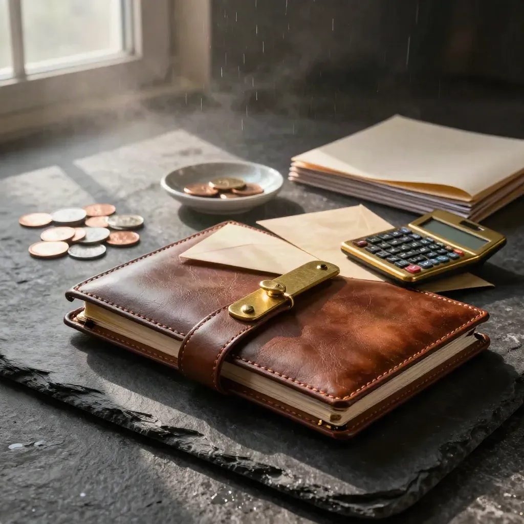 Leather budget binder, brass calculator and coin dish on rain-dark stone at dawn