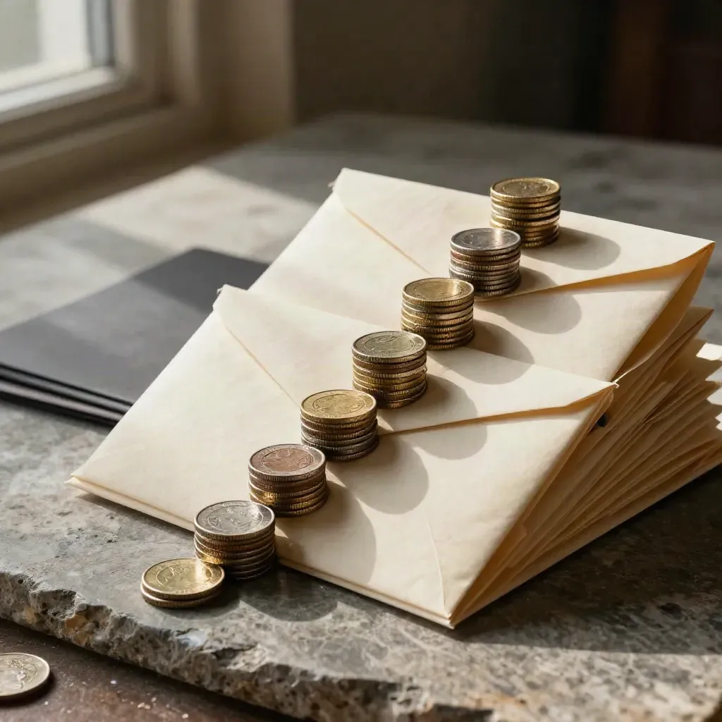 Top-down finance still life of envelopes, folders and coin stacks rising in orderly steps on stone.