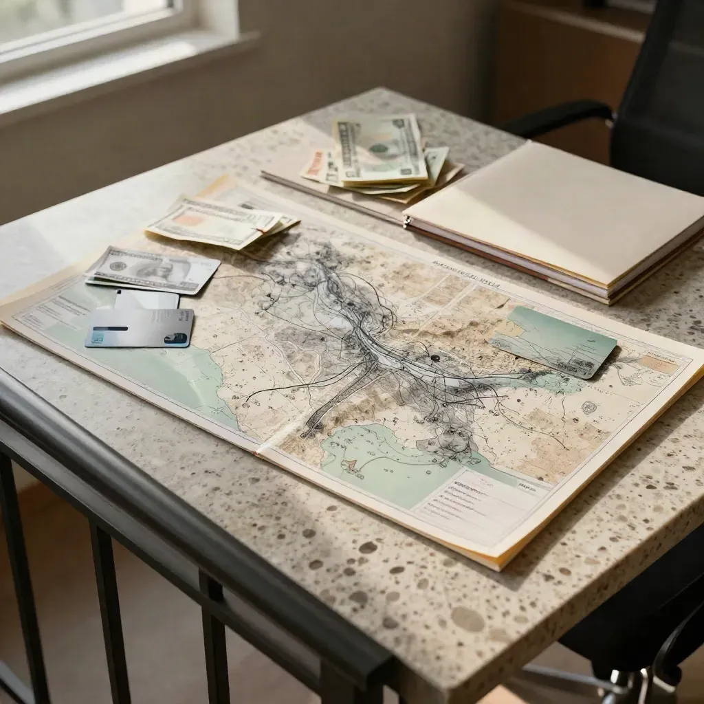 Cash-flow folders, ledger, debit card and bills on a travertine desk from a stair landing