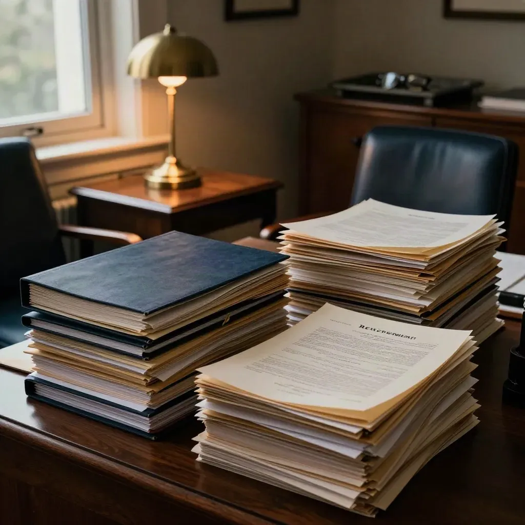 Dusk-lit retirement planning office with stacked folders, brass lamp, empty chair, and dark credenza.