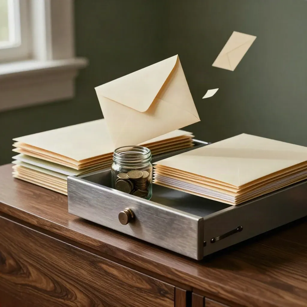 Bonus envelope, locked drawer tray, savings jar and split folders mid-sort on a walnut credenza.
