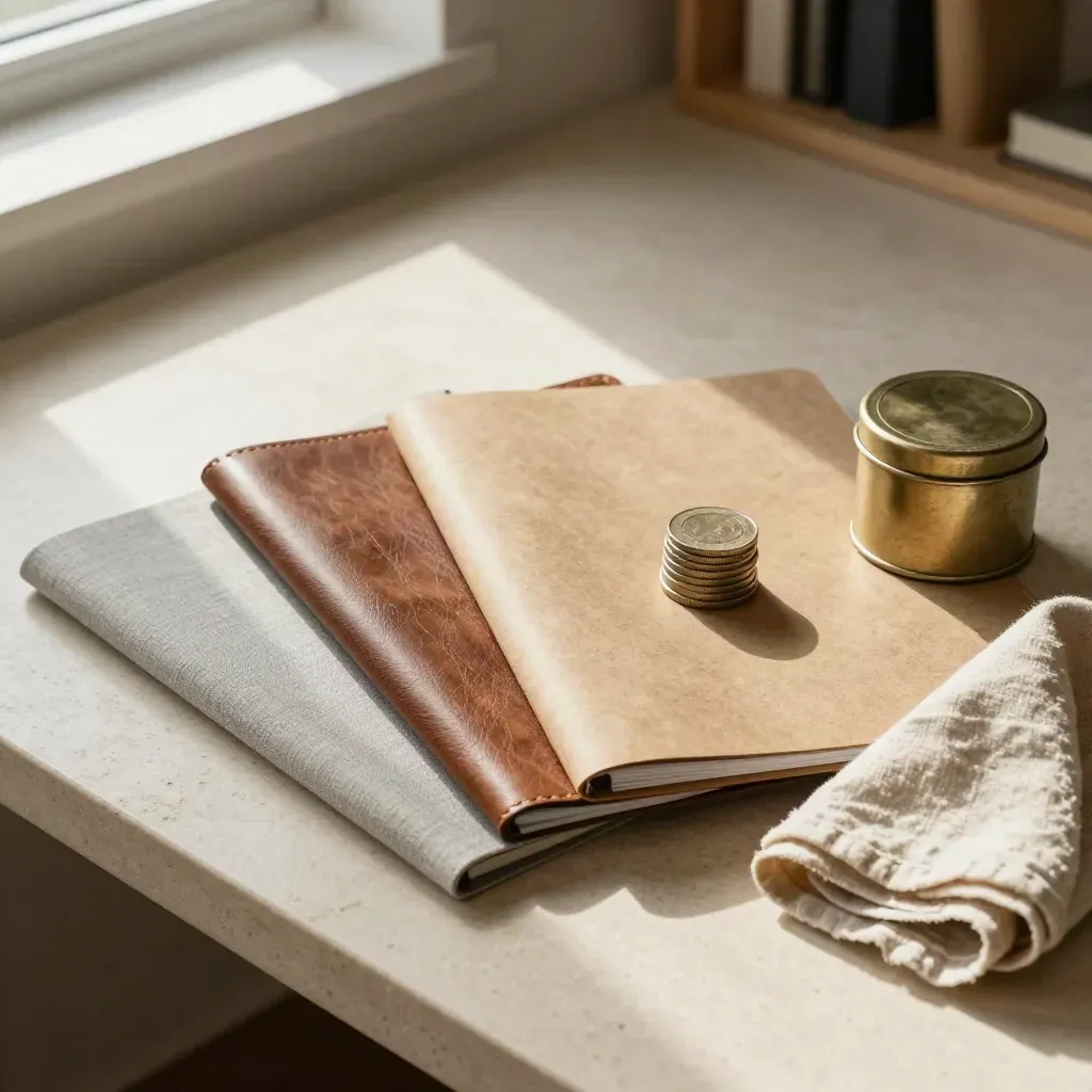 Top-down finance planning still life with folders, coin stack, cash tin and folded cloth on pale stone.