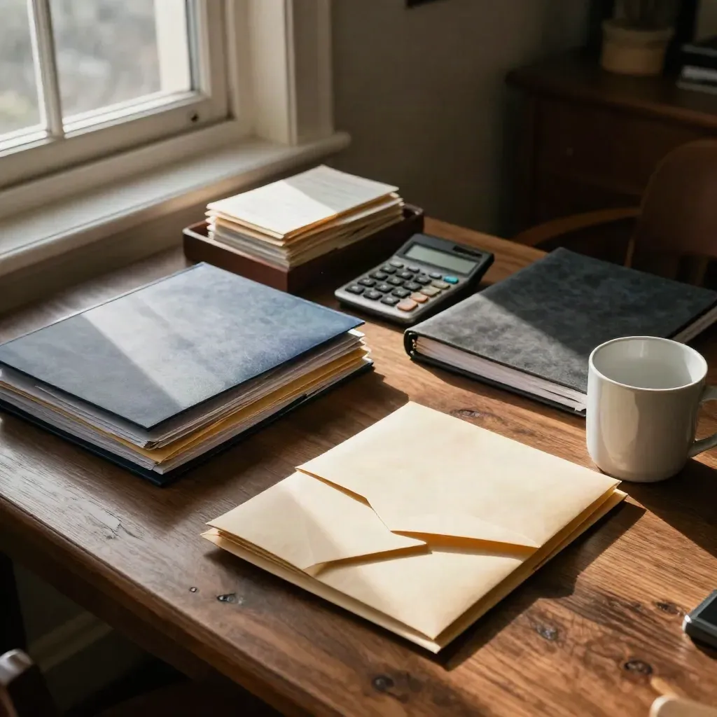 High-angle cozy office desk with tax folders, calculator, and envelopes in winter light