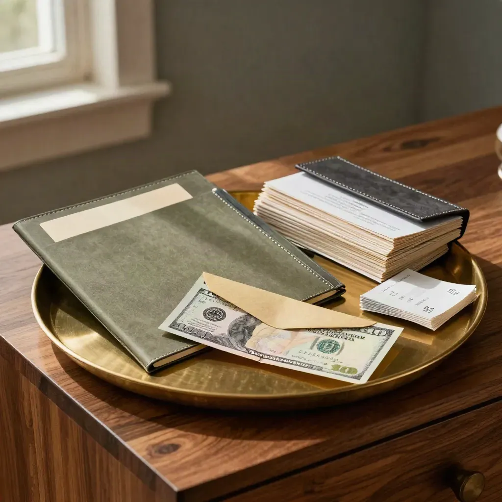 Brass tray, folders, and ledger binder on a walnut sideboard for cash planning