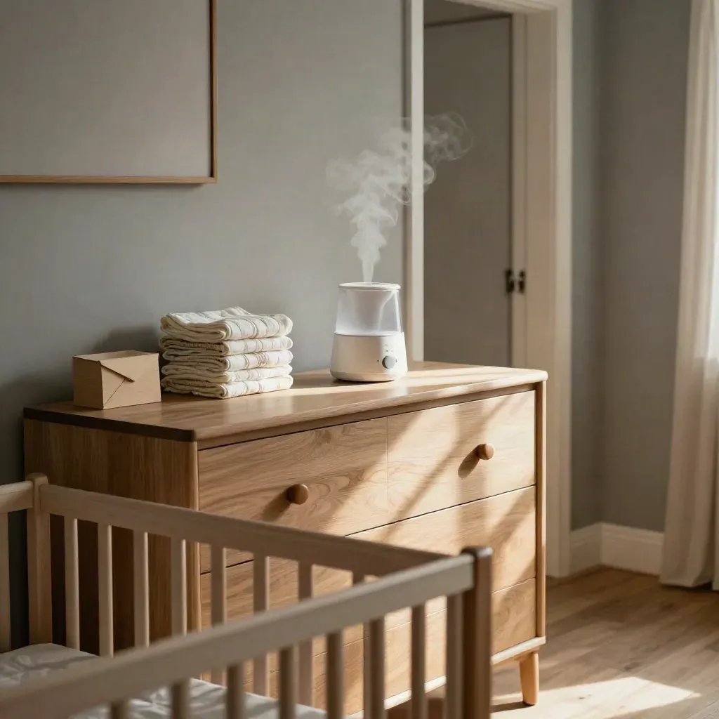 Nursery budget setup beside crib with dresser, diapers, warmer, blanket and savings box.