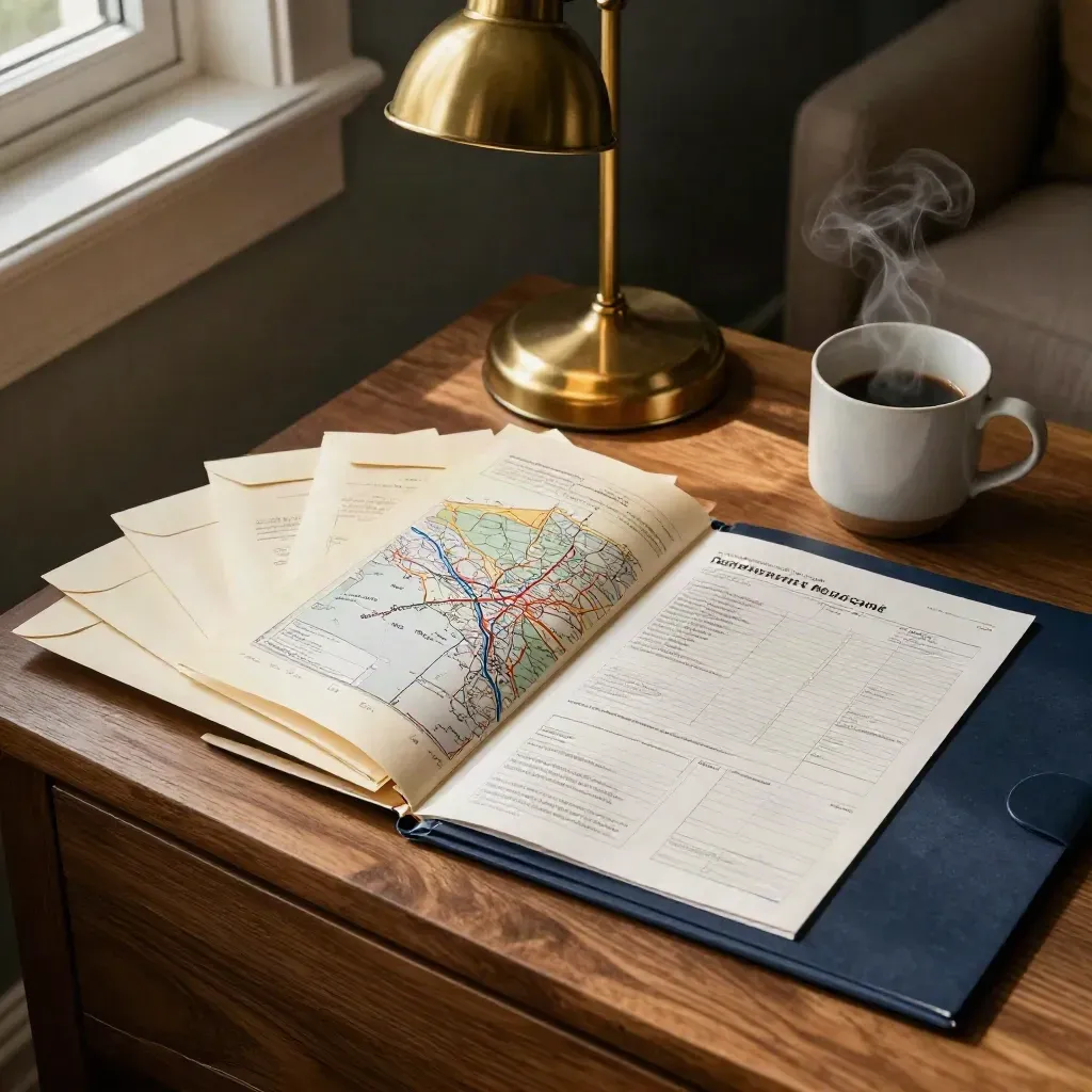 Retirement income envelopes, lamp, dividers and steaming mug on a side table