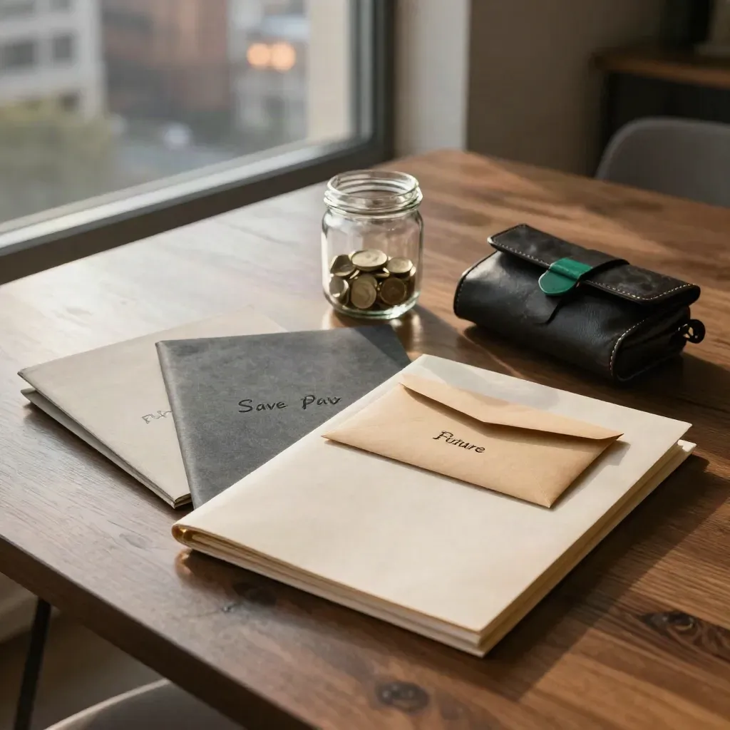 Closed folders, savings jar, debt envelope and travel pouch on a walnut table at dusk.
