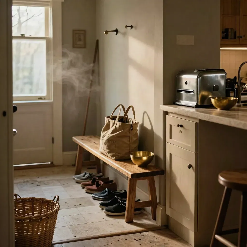 Mudroom bench, grocery tote, return bag, shoe line and mail sorter in warm evening light.