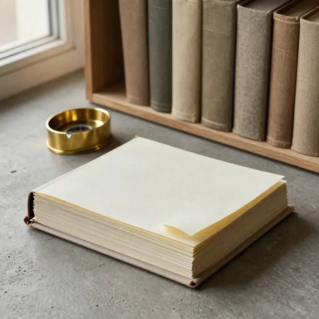 Brass paperweight with binder, note cards, and neutral books on concrete shelf