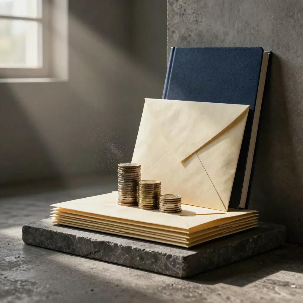 Moody staircase of envelopes and coins with a ledger folder on dark stone.