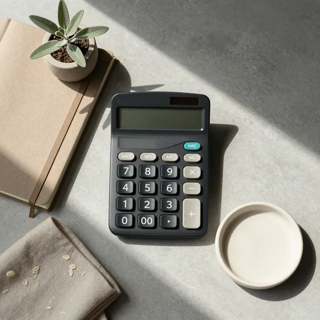 Overhead flatlay of a calculator, ledger, plant, linen and ceramic dish on pale concrete.