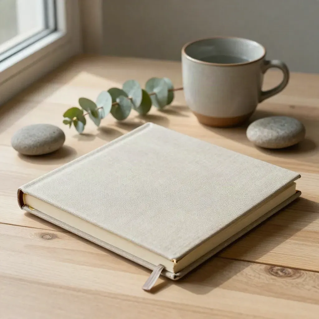 Closed investing notebook with tabs, stones, ceramic cup and eucalyptus on pale wood.