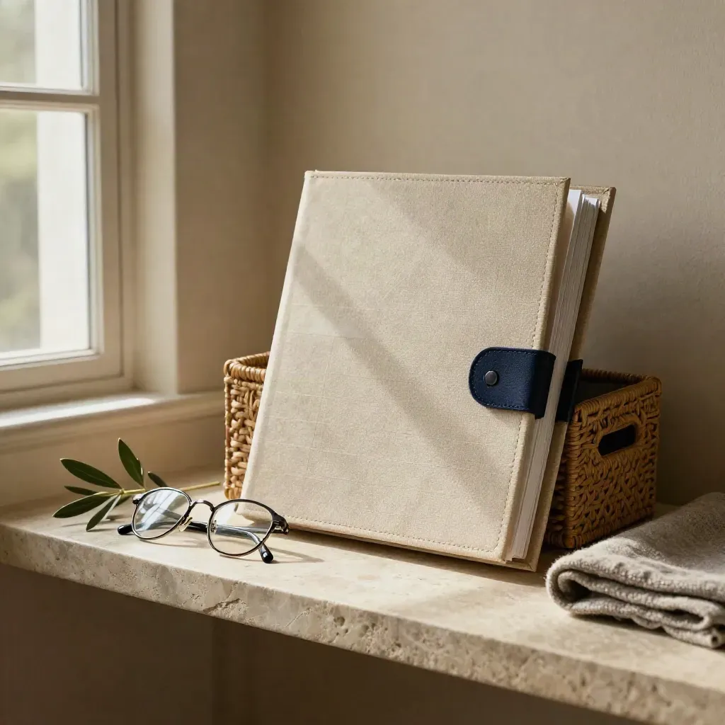 Woven storage box with a retirement binder, glasses, wool cloth and branch on stone