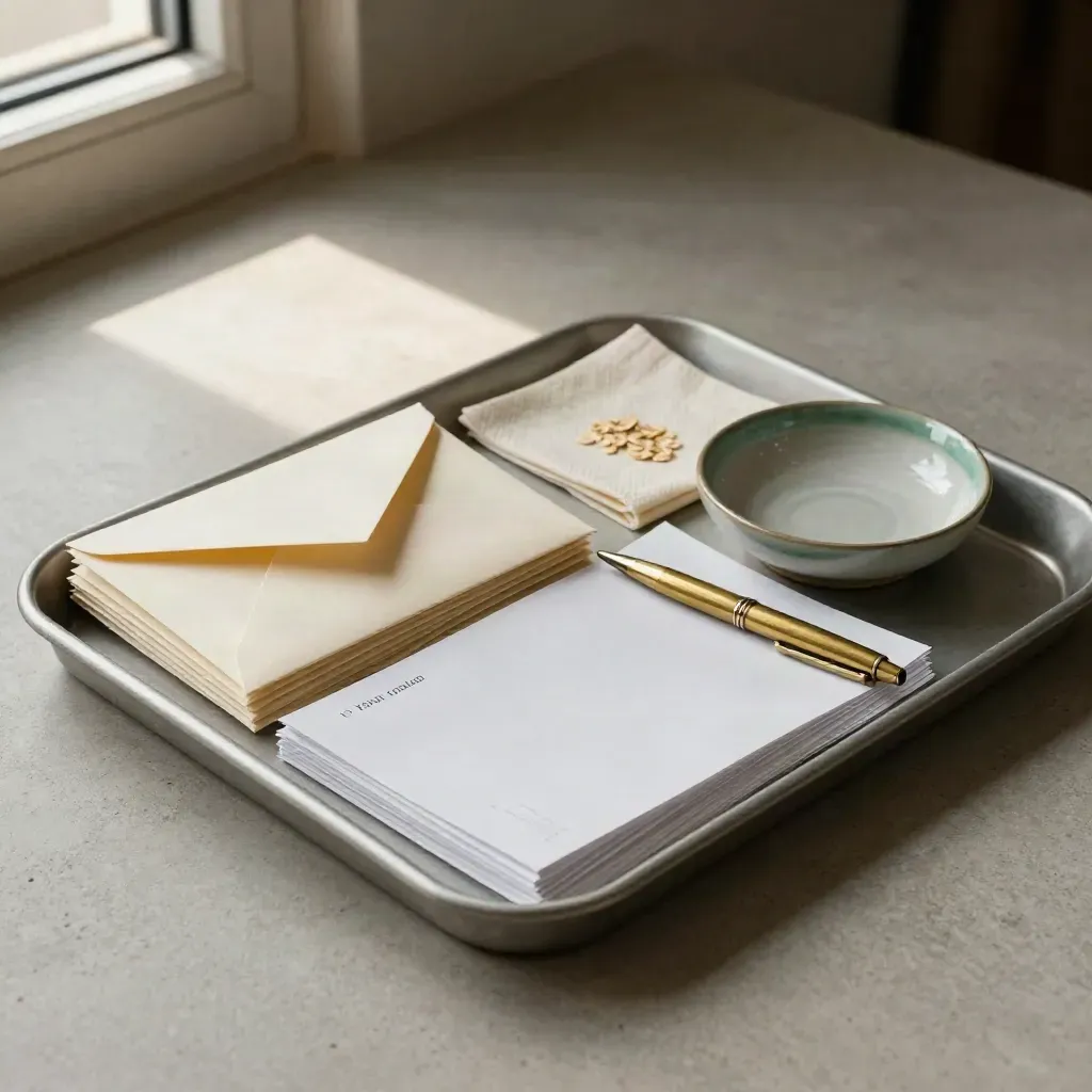 Overhead tax-smart tray with envelopes, brass pen, ceramic dish, and folded cloth on stone.