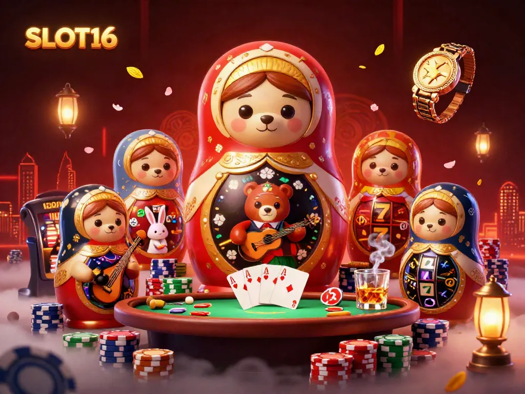 SLOT16 showcases a vibrant casino scene starring a Matryoshka bear and colorful game elements.
