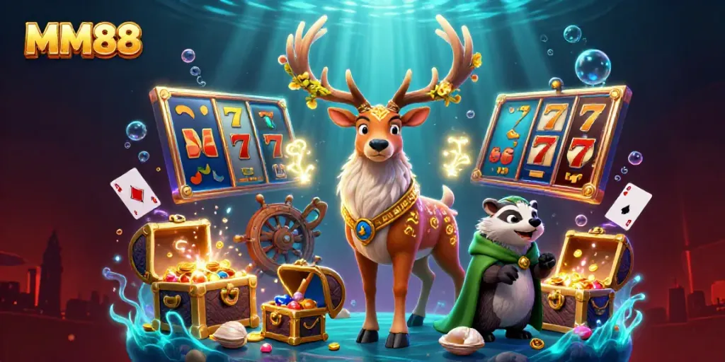 Win big at MM88 with vibrant slot reels, a druid stag, and gold treasure in a dynamic casino scene.
